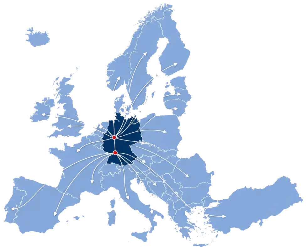 Karte des Liefergebiets von Basha Food in Europa